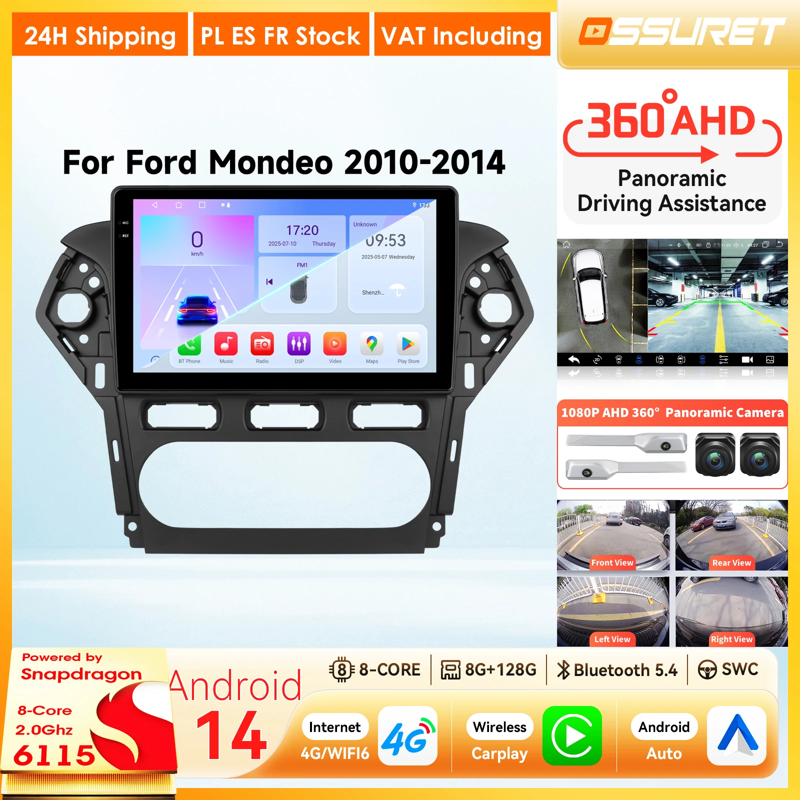 Écran intelligent Carplay Android Auto pour Ford Mondeo MK4 2010 - 2014, autoradio GPS, lecteur multimédia 2DIN, caméra 360, 6115 Octa Core, unité principale Bluetooth