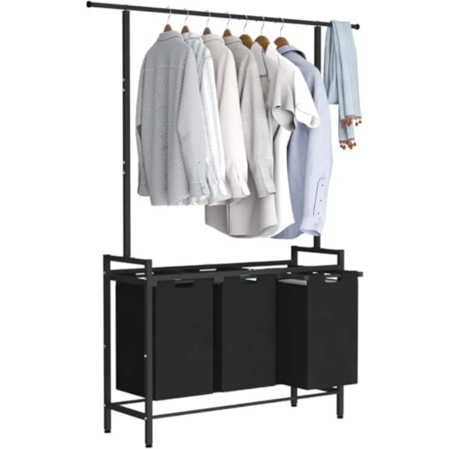 

Large Laundry Hamper with Clothes Rack Hanging Bar, 10 x 3 Gal Pull-Out and Removable Sorter Bags, Freestanding Laundry Basket