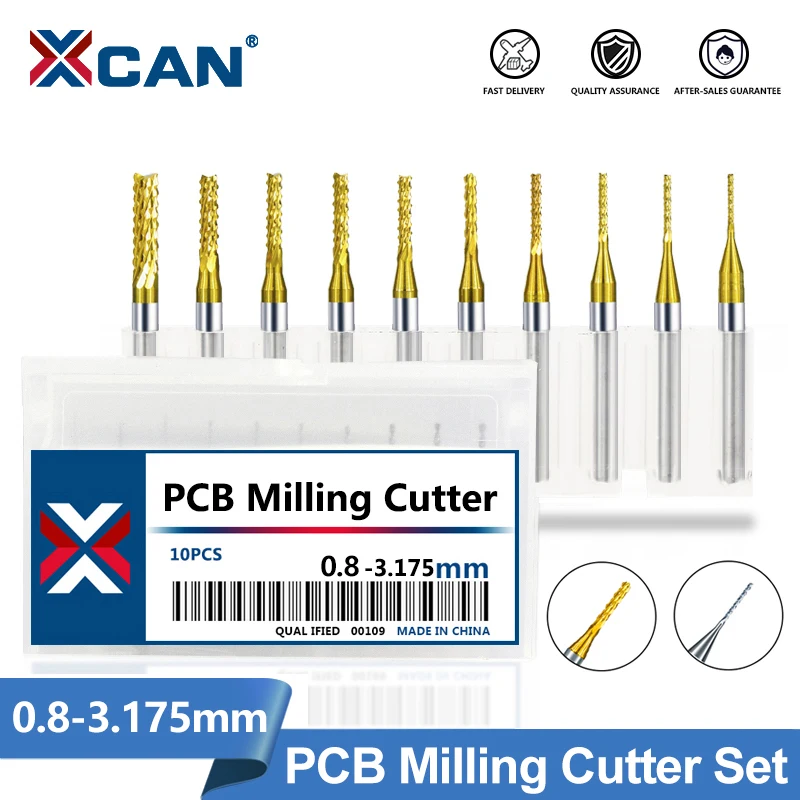 XCAN 10pcs 0.8-3.175mm Carbide PCB Milling Cutter Set 3.175mm Shank PCB Machine Engraving Bit End Mill