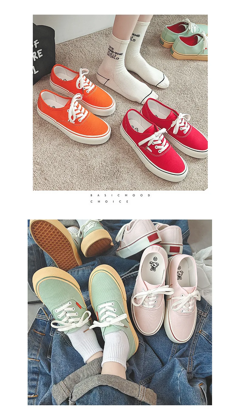 Fresh Solid Colors Women Canvas Shoes Summer Girls School Sneakers Shallow Upper Lace Up Canvas Board Shoes Green Red Sneakers