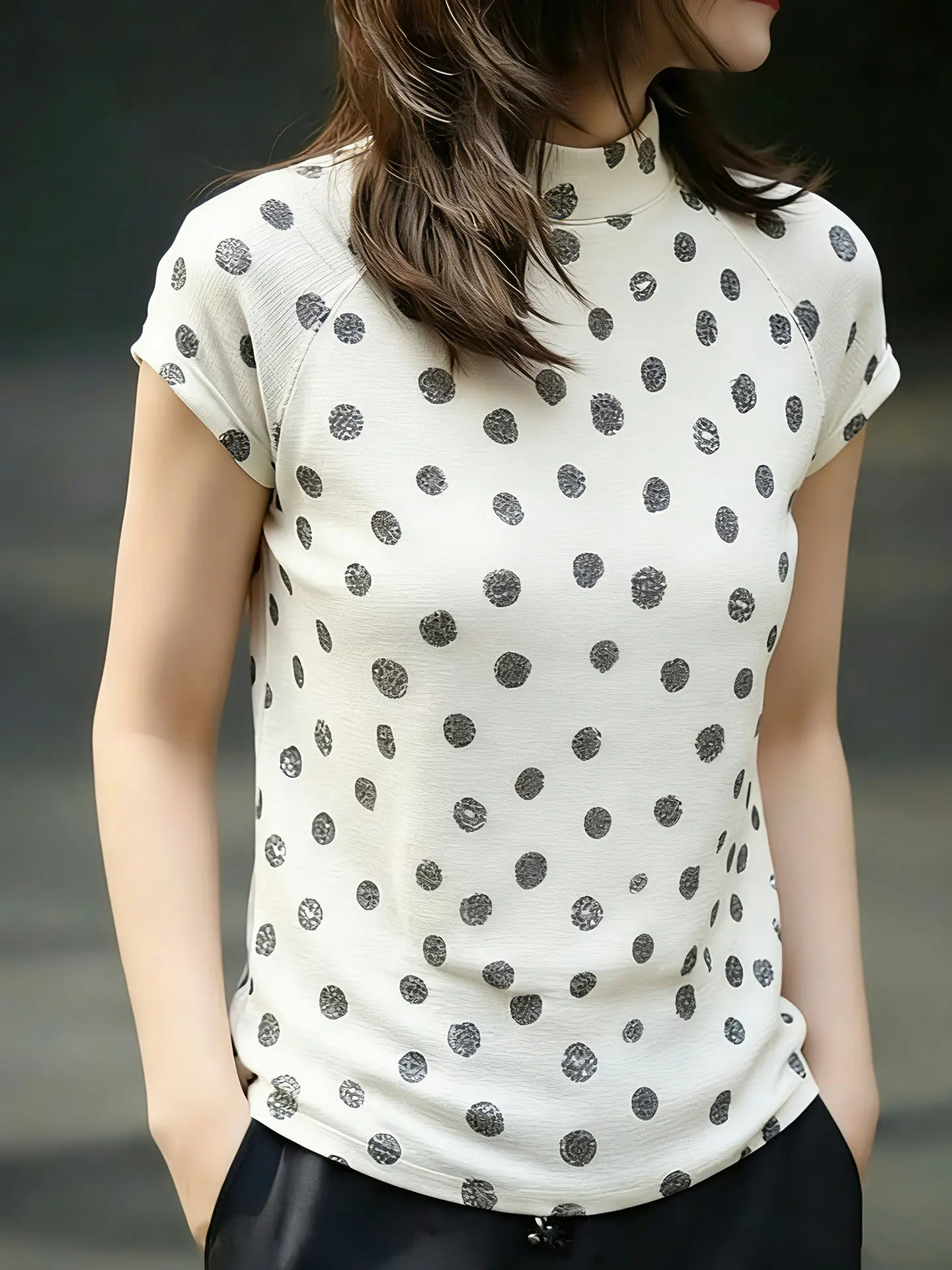 

Ele Korean Sle Women's Slim Fit T-irt f High Collar ort Sve Polka Dot Top Faionable Spring Summer irt
