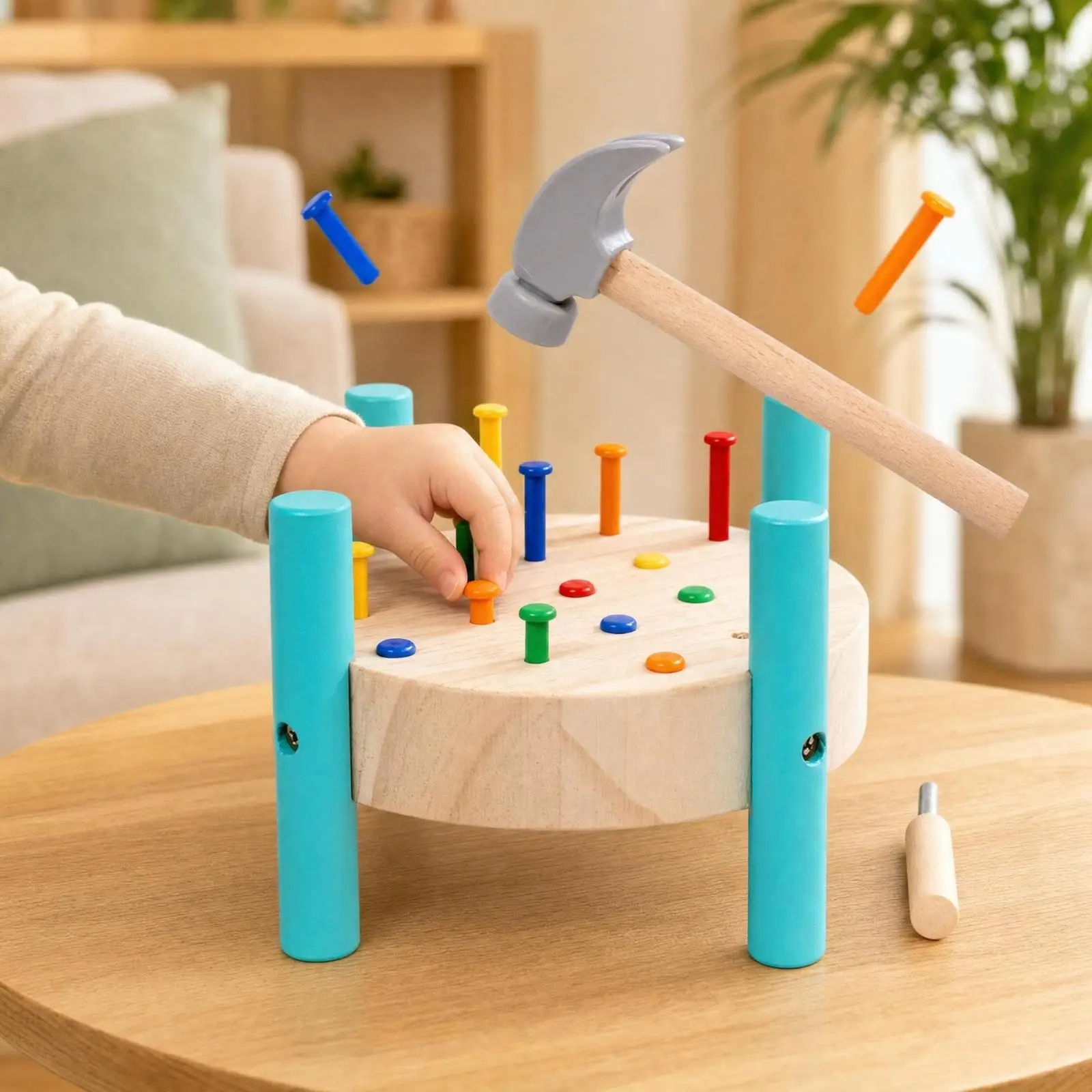Wooden Hammering Peg Board Toy for Kids 3-6 Fine Motor Skills Preschool Learning Activity Game Table