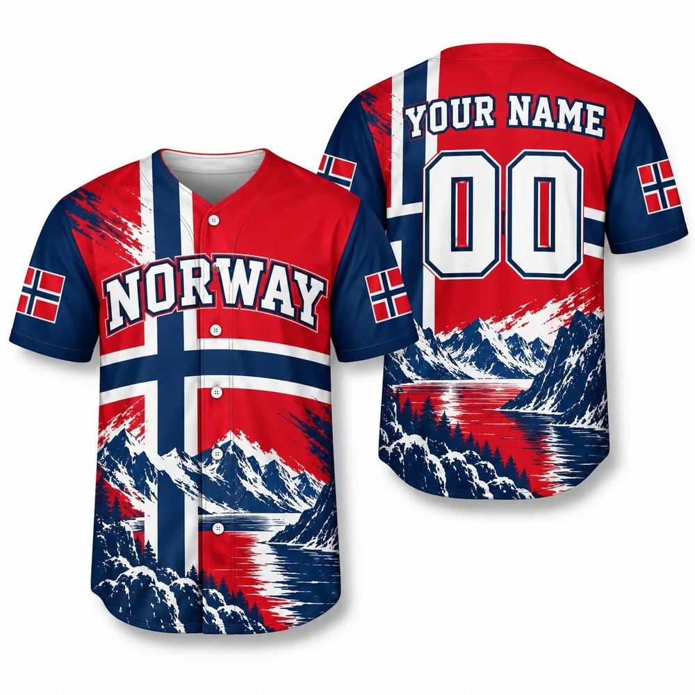 Norway Fjord Art Jerseys Shirt Red Blue Baseball Jersey with Nordic Landscapes and Personalize DIY   Full Print Outdoor Shirts