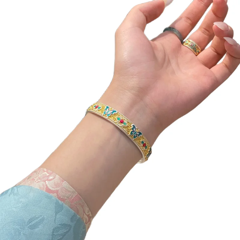 Chinese Style Bangle Colorful Butterfly Flower Bracelet Open Adjustable Size For Women Charm Golden Jewelry ﻿