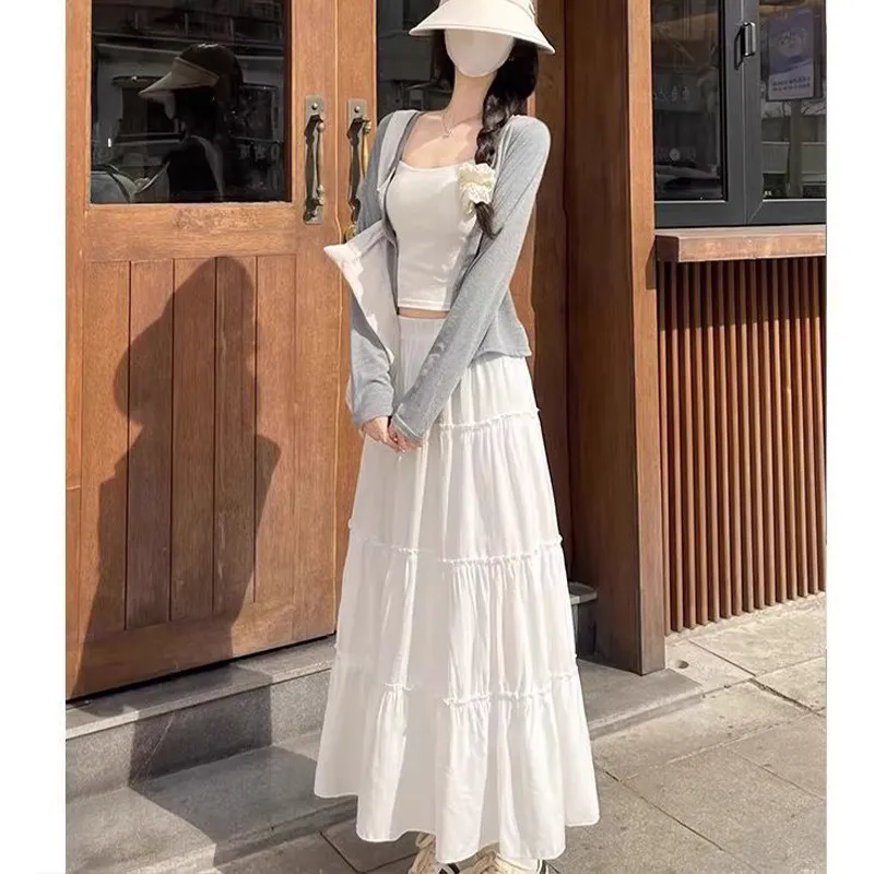 

White High Waist A-Line Midi Skirt Women's Summer New Style Fullness Spring Autumn Ballet Cake Skirt Sweet Style Polyester Fa...