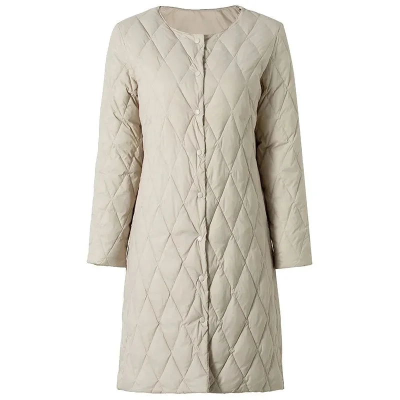 Winter New Korean Fashion Cotton Coat Round Neck Long Sleeve Inner Lining Medium Length Lightweight and Slim Cotton Dress Women