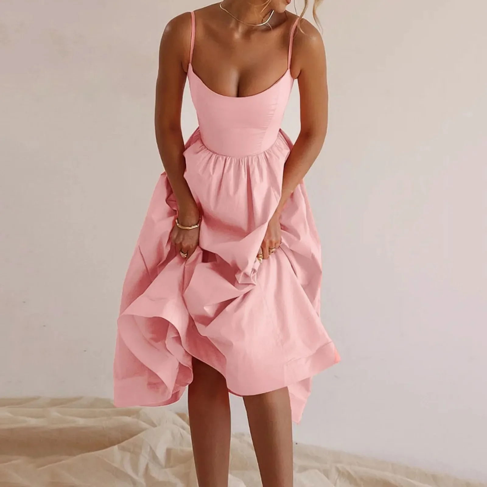 

Fashion Pink Pleated Strap Dress Women Elegant Solid Sleeveless Midi Dresses 2024 Summer Casual Female Robe Vestidos Holiday