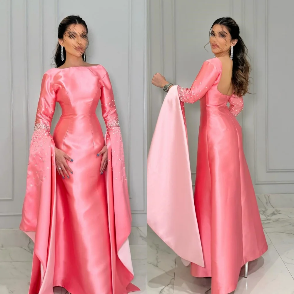 

Customized Satin Sequined Ruched Party A-line O-Neck Bespoke Occasion Gown Long Dresses