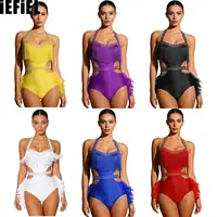 Leotardo de baile con diamantes de imitación brillantes para mujer, mono con detalles de plumas de imitación y espalda descubierta para Rumba latina, Samba, español
