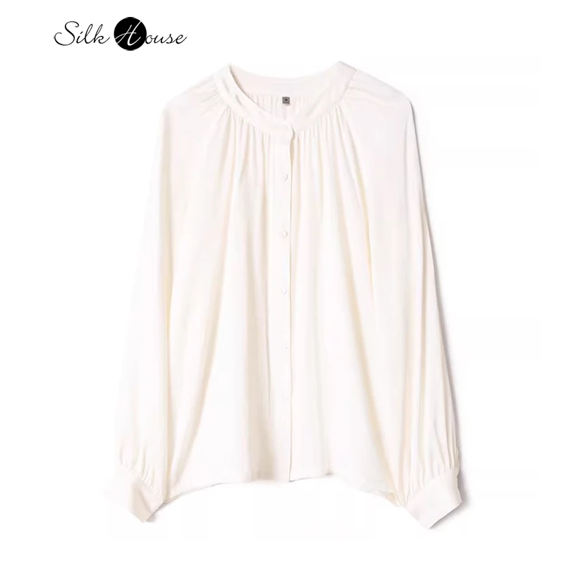 

Женская модная весенняя одежда 2026: Универсальная элегантная рубашка из 92,8% натурального шелка тутового шелкопряда, эластичный атлас, белая, с воротником-стойкой