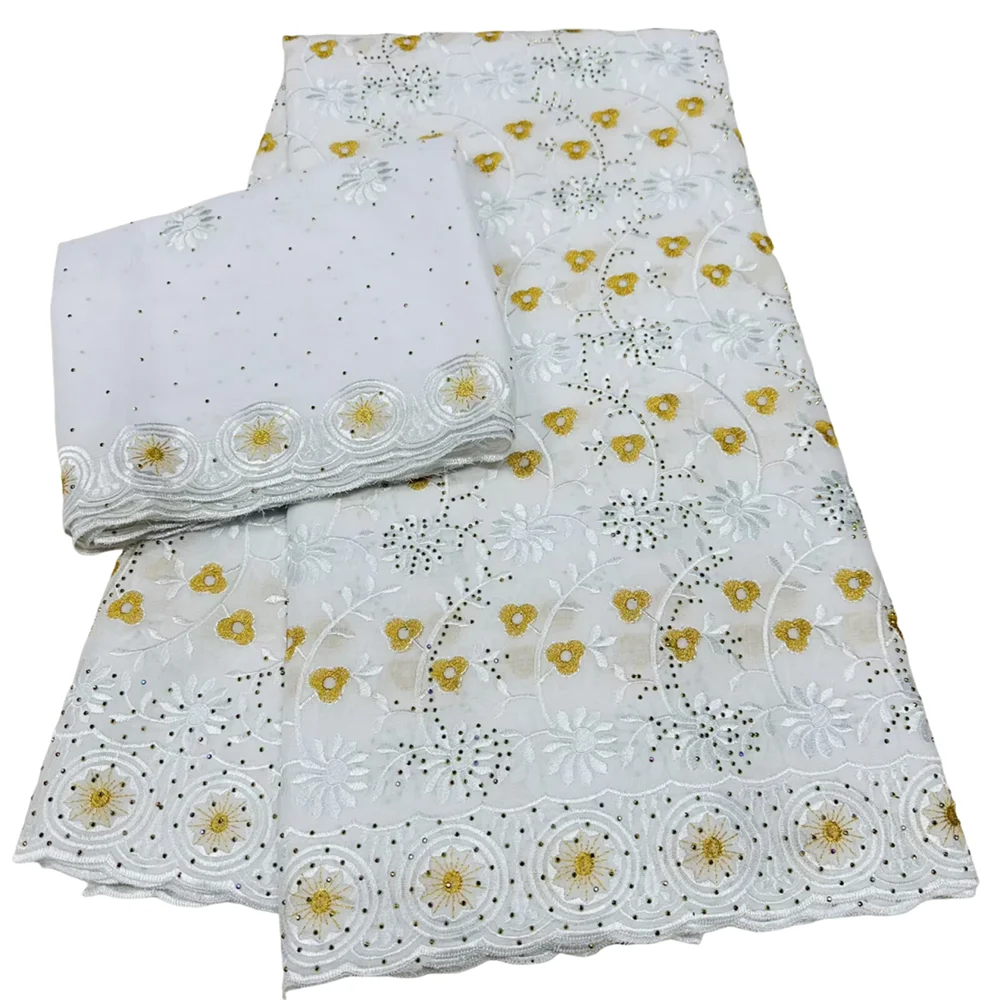 

White 5+2 Yards With Scarf Swiss Stones Lace Fabric Lace Embroidery African 100% Cotton Fabrics Swiss Voile lace Dubai Style Sew