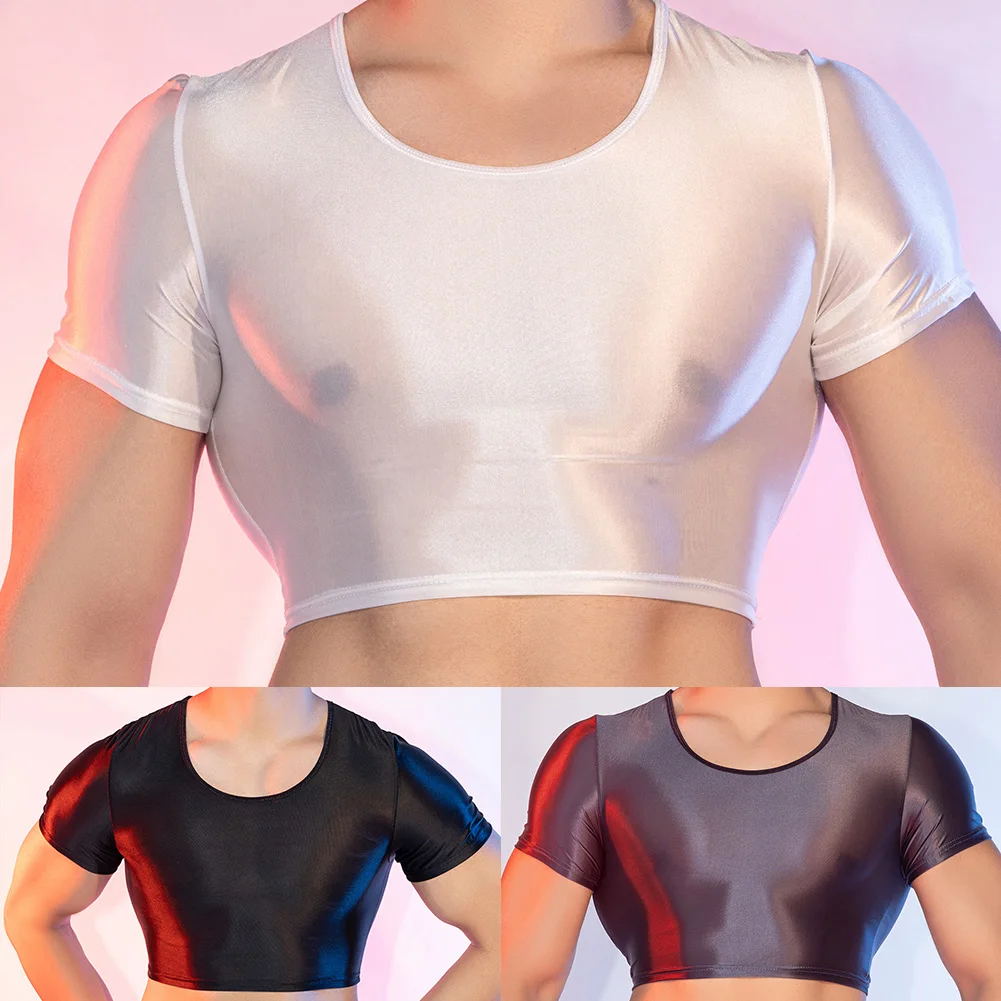 

Breathable Tank Top Glossy Smooth Tee Pouch Panties Regular Clothing Length Breathable Sheer T-shirt For Night