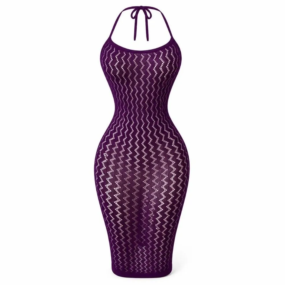 Hollow Out Halter Neck Bodycon Dress See Through Mesh Knitted Halter Midi Dress Fishnet High Elastic Backless Bodycon Dress