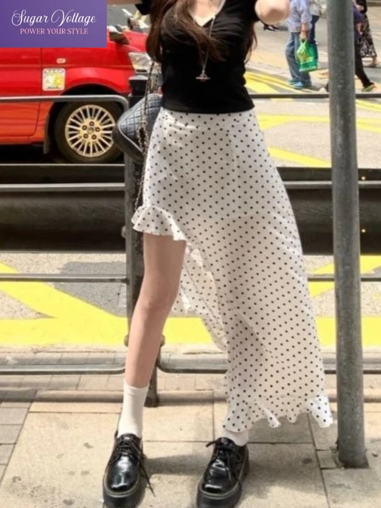 

French Elegant Polka Dot Skirt Women Irregular Ruffle Hem Flowy Chiffon A Line Maxi Skirt Casual Vintage Summer Fashion Dresses
