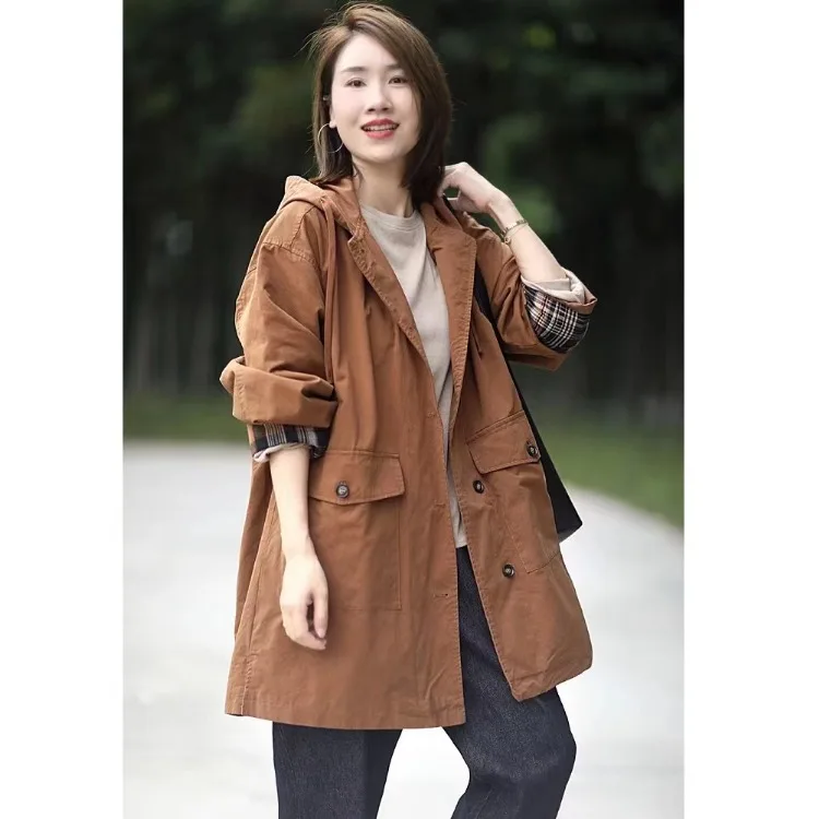 

Caramel Color Blo Pure Cotton Hooded Jaet Women's Autumn 2025 New Loose Casual Lightweight Coat Long Sve Mid-Length
