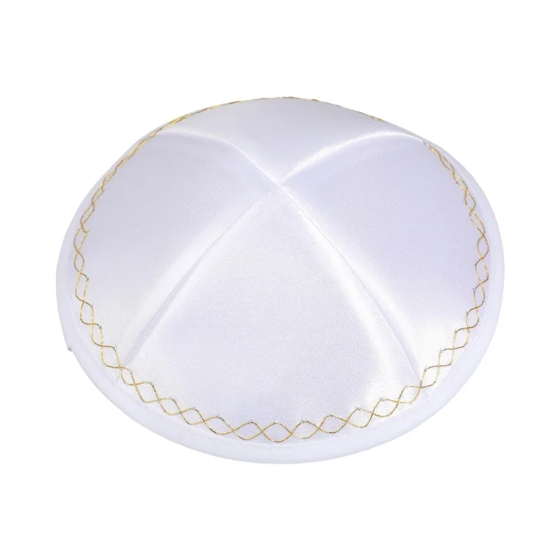 Kippa juive en satin blanc avec bordure ondulée dorée, Yarmulke Kippot, bonnet religieux pour homme, pour mariage, Bar Mitzvah, prière, chapeau Judaica
