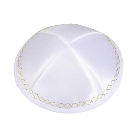 White Satin Jewish Kippah with Gold Wavy Trim Yarmulke Kippot Men Religious Skull Cap for Wedding Bar Mitzvah Prayer Judaica Hat