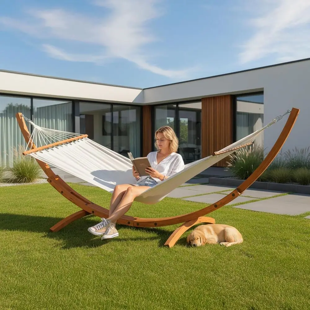 Double Hammock Set with Curved Hardwood Stand - 10.5ft Outdoor Relaxation System (400lb capacity)