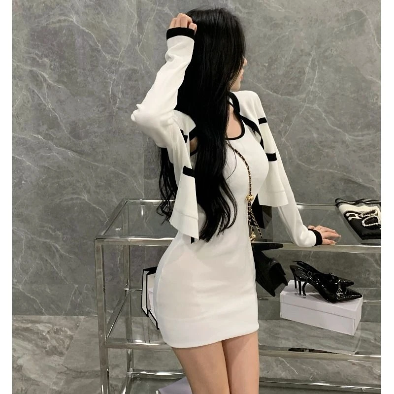 Mini Wrap Hip Spaghetti Strap Black Vest Dress Knitted Two Piece Sets White Cropped Cardigan Jacket Casual Spring New