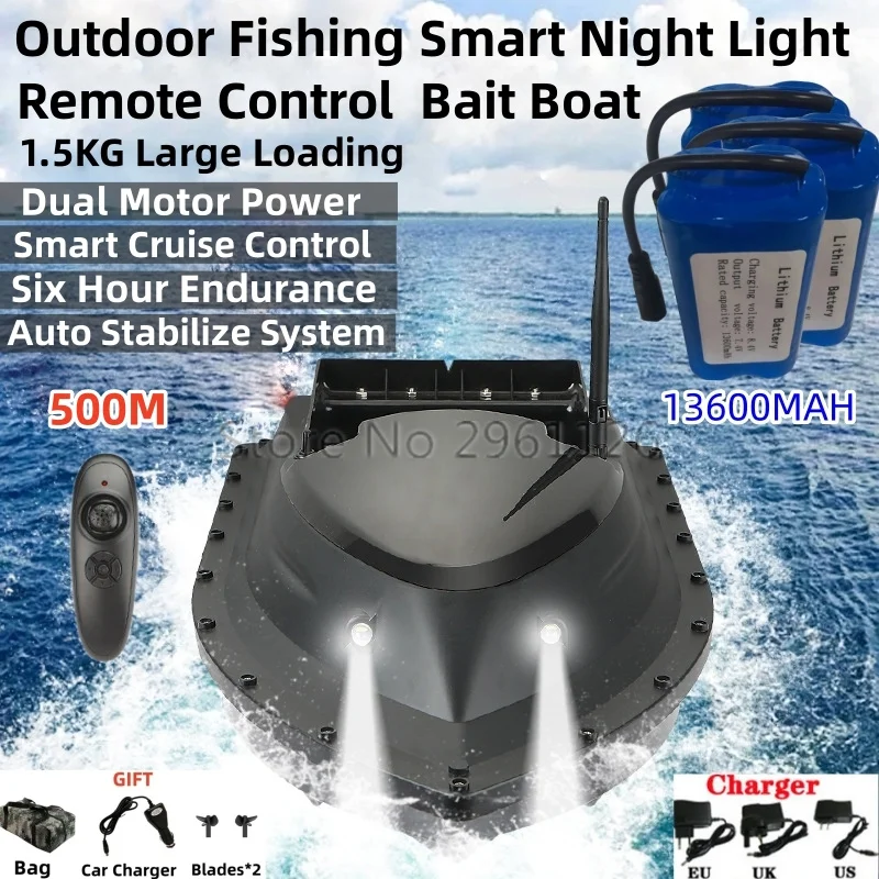 

Outdoor Fishing Smart Night Light Radio Control Bait Boat 2.4G 500M 1.5KG Loading Dual Motor Auto Calibration RC Fishing Boat