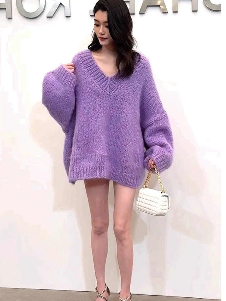 High-grade sense 100% sweater women's autumn and winter loose V-neck purple sweater sweater