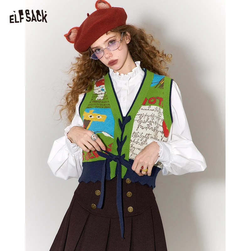 ELFSACK Women Retro Denim Knit Blend Vest 2026 Autumn Winter Cartoon Jacquard Star Patch Casual Sleeveless Top