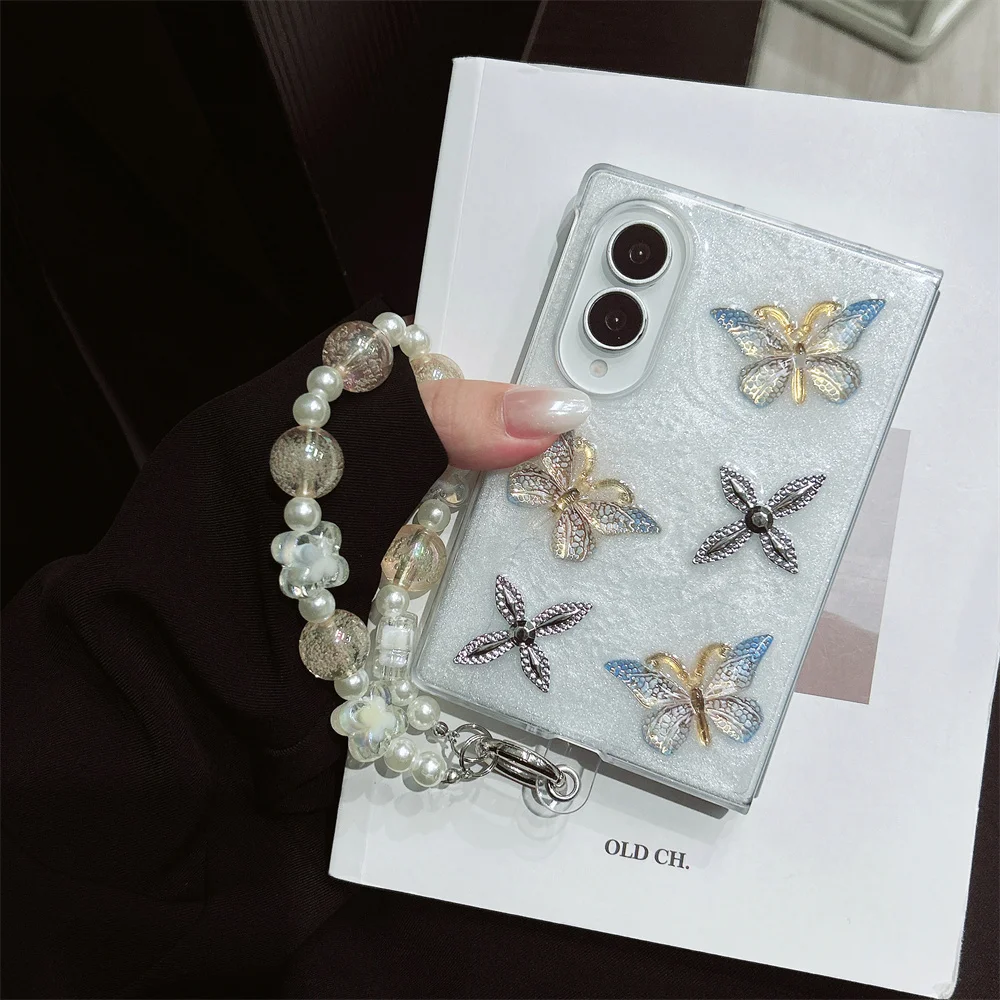 Korean Fashion flowers Phone case for Samsung Galaxy Z Fold 8 Fold 8 7 6 5 4 Cover 3D bowknot With Chain Cute Shockproof Cover