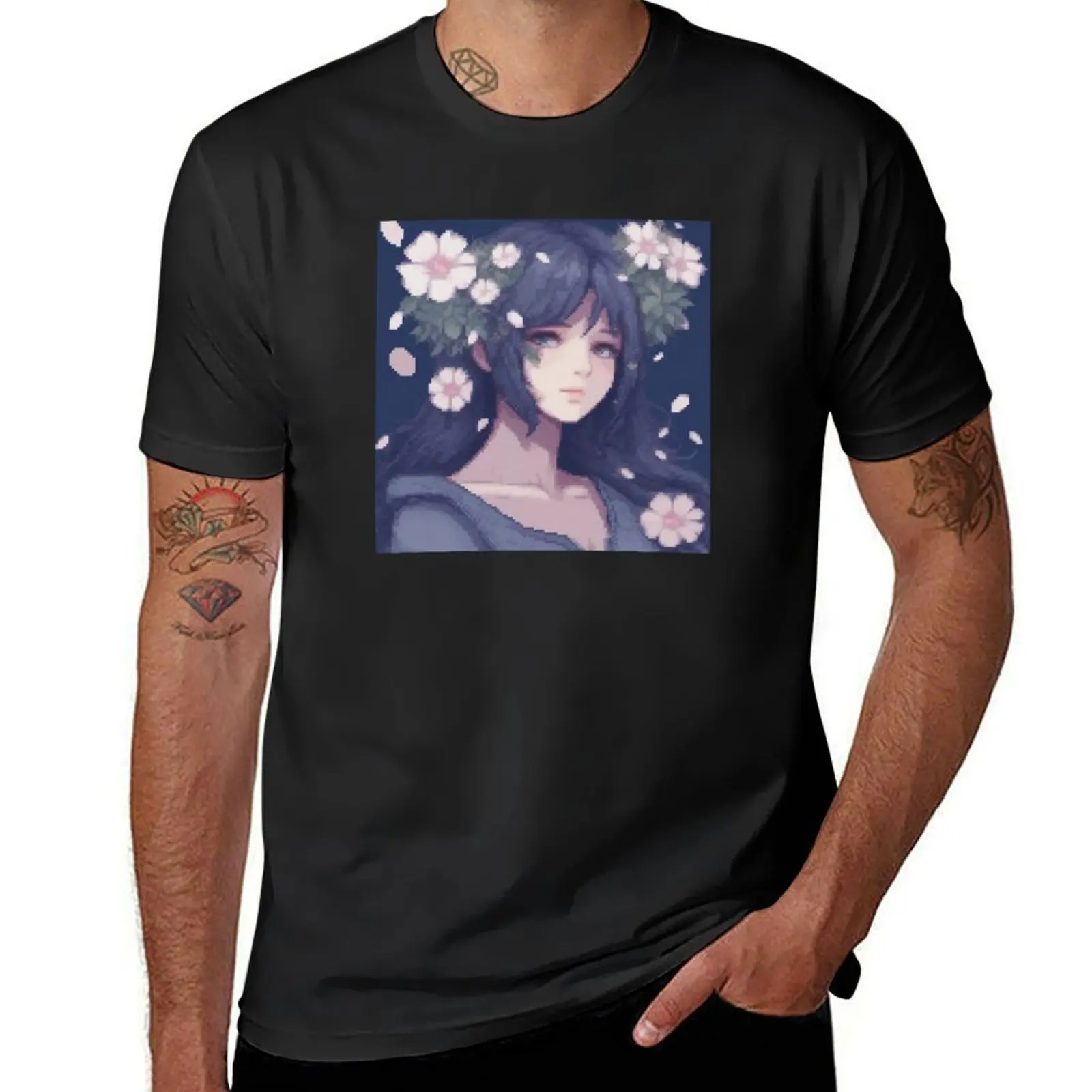 

Flower petal Blue hair girl T-Shirt boys animal print blacks graphics mens graphic t-shirts hip hop