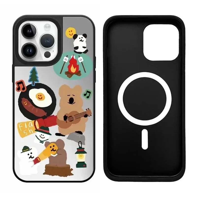 Cute Bear Picnic iPhone 11 12 13 14 15 Pro Max Mirror Surface MagSafe Case Cover Shell