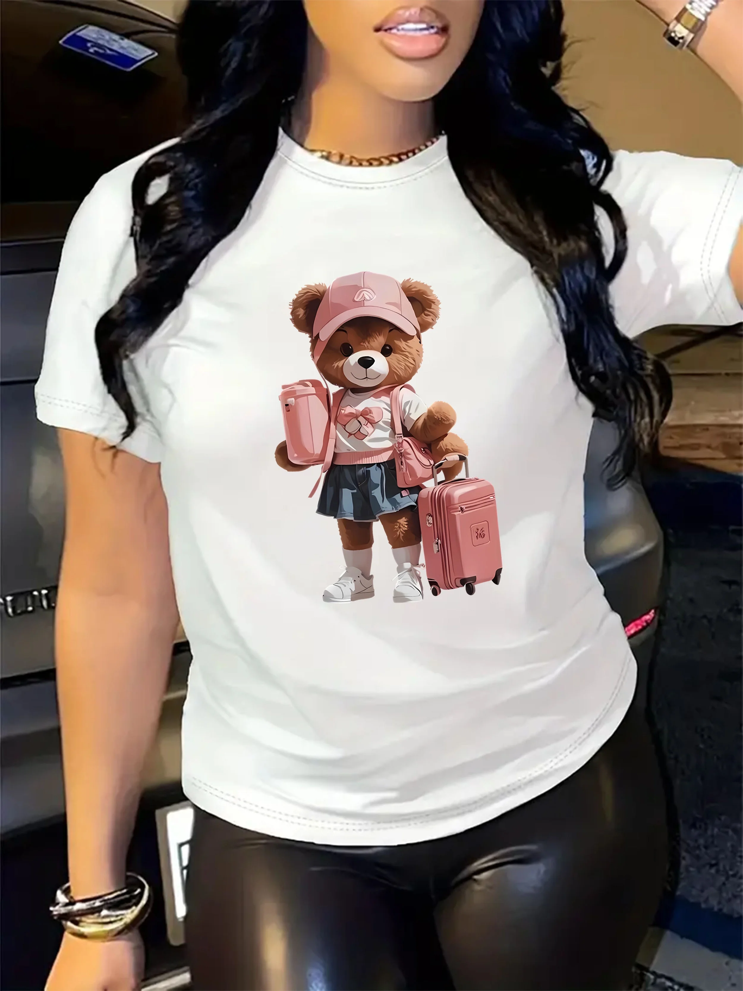 

Cute Bear Print Casual T-shirt, Crew Neck Short Sleeve Top For Spring & Summer, Women's Clothing t shirt