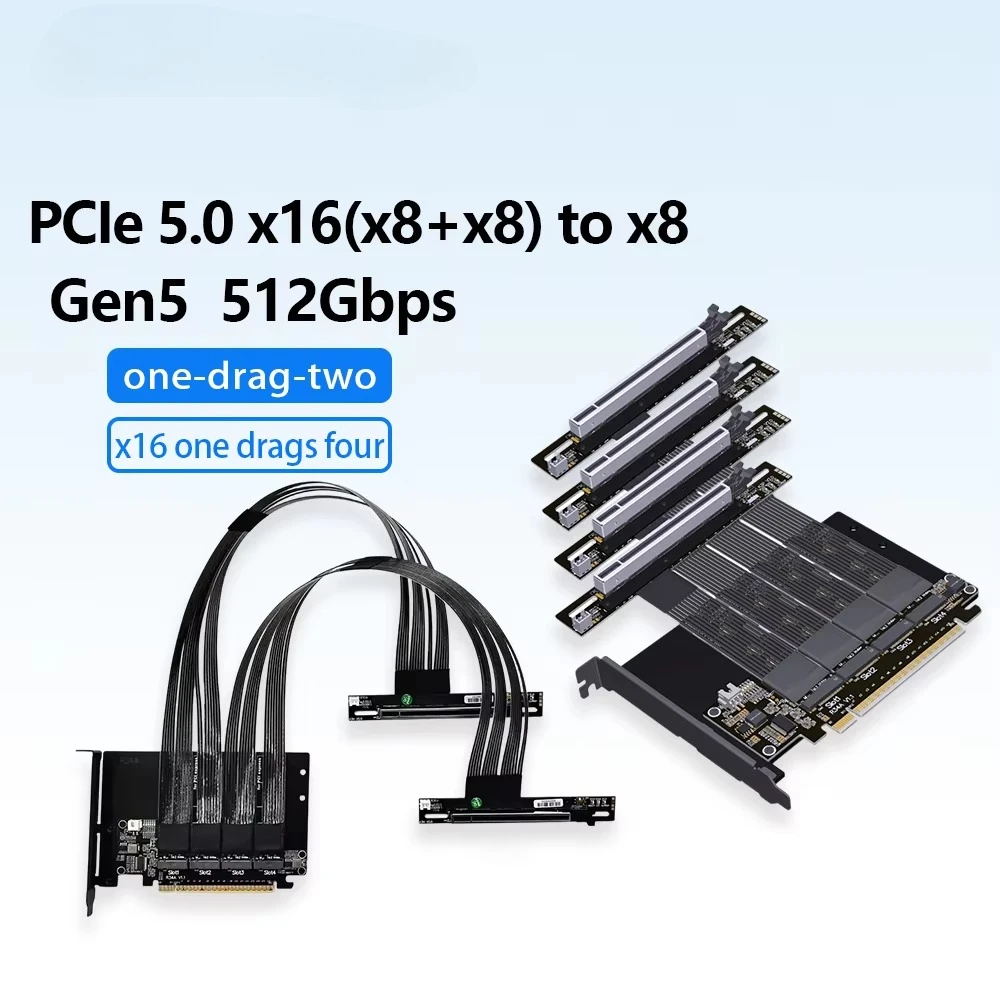 PCIe 5.0 X16 M.2 NVMe to X8 Splitting Extension Cable Gen5 512Gbps for AI Local Deployment Supports 1-to-2 High-Speed