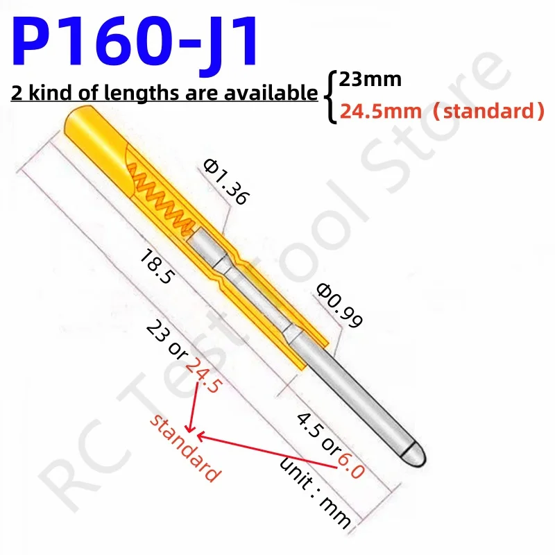 

100PCS P160-J1 Spring Test Probe Test Pin P160-J Metal Brass Pogo Pin Sleeve 23mm or 24.5mm Pin Head Dia 0.99mm Probe Dia 1.36mm