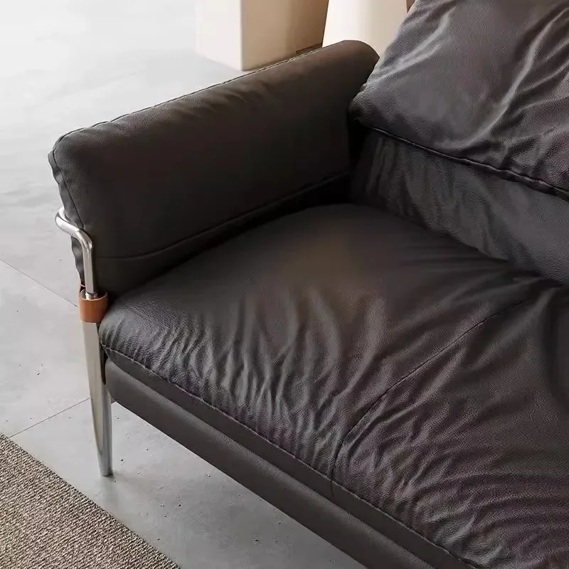 Black leather sofa size apartment living room retro straight row three-person sofa leather