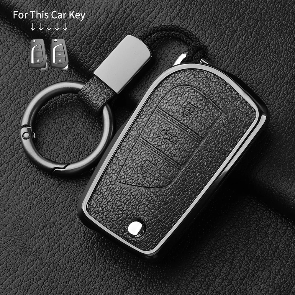 Metal And Goatskin Car Key Case Cover For Toyota Avalon Camry Corolla Fortuner Highlander Levin Rav4 Sequoia Sienna Tacoma