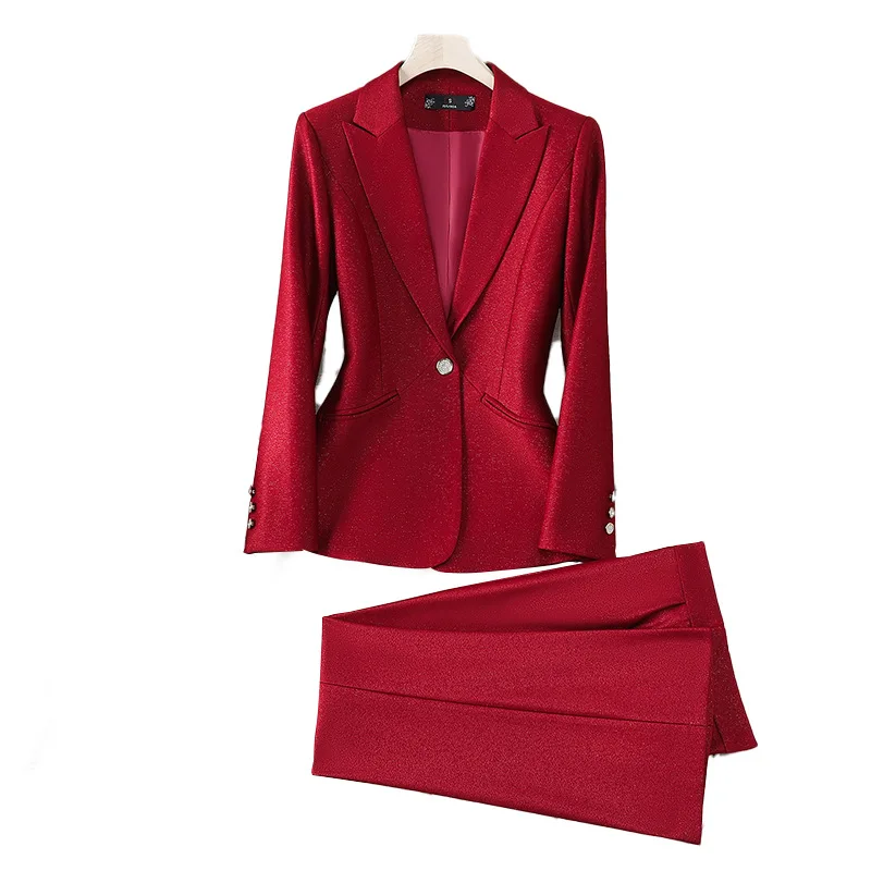 مكتب السيدات بدلة بناطيل رسمية 2 قطعة مجموعة النساء الوردي الأسود الأحمر الإناث طويلة الأكمام الأعمال ملابس العمل سترة وبنطلون