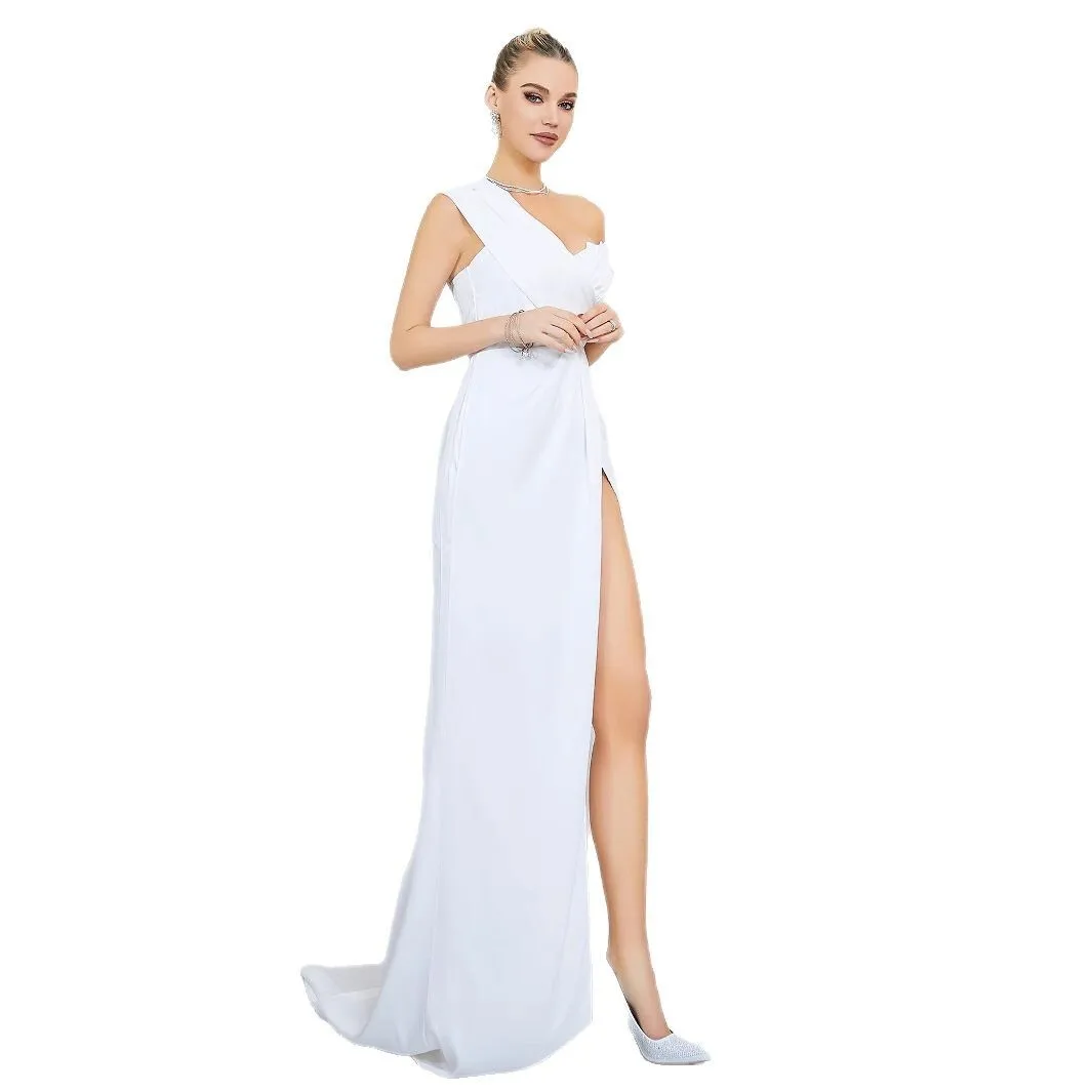 Cor sólida elegante ombro único fino sem mangas longo split vestido de noite mulher modesta 2025 vestido de verão robe feminino