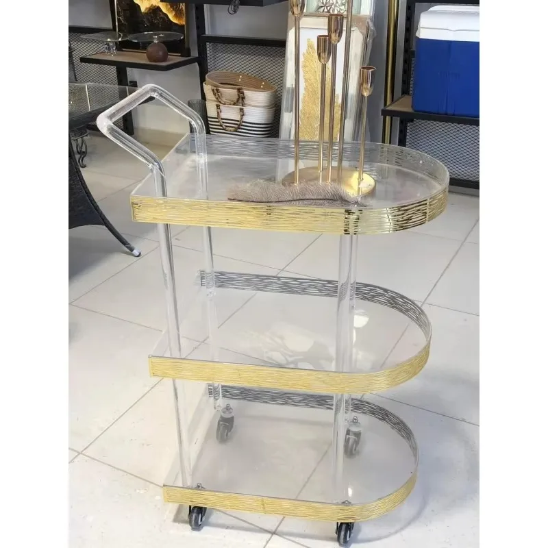 Custom Luxury Clear Acrylic Trolley Hand Rolling Lucite Mobile bar Cart Hotel Hand Cart Dining Car Buffet Car