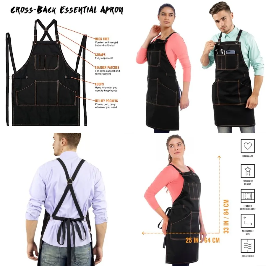 

Essential Apron Cross-Back with Durable Twill and Leather Reinforcement Adjustable for Men and Women Pro Chef, Tattoo Artist, B
