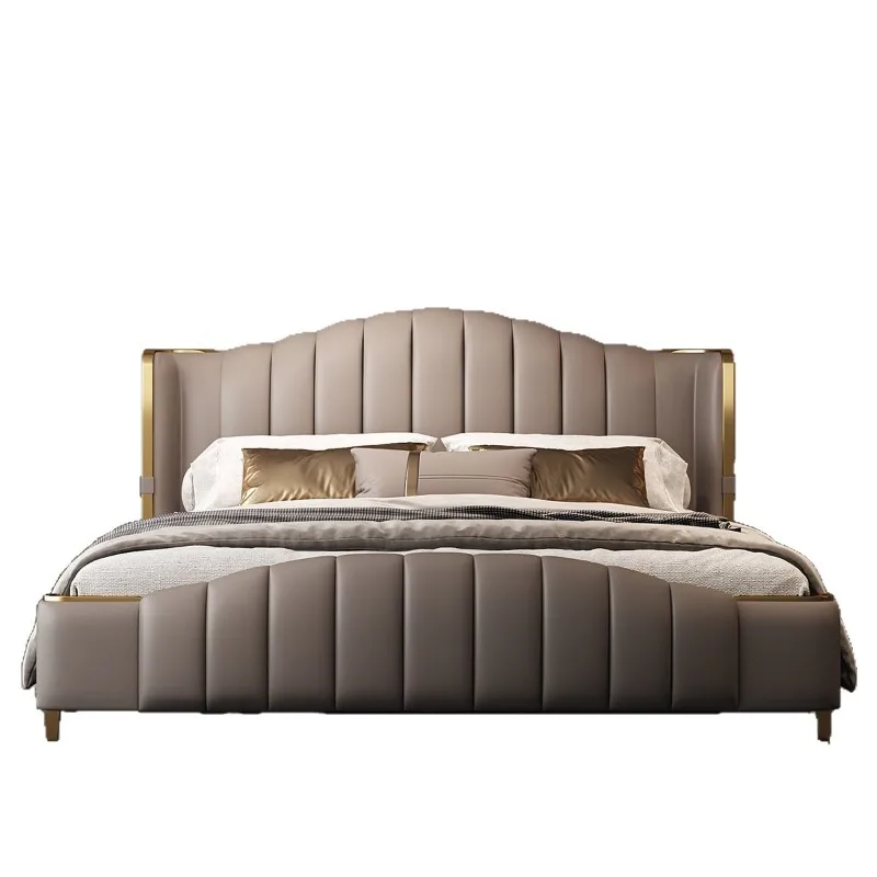 Light luxury genuine leather bed, queen bed, master bedroom storage luxurious American-style double leather bed
