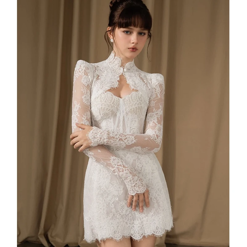 

High Quality Mini Wedding Dress Lace With Embroidery Cocktail-Length Ball Gown Off The Shoulder Full Sleeve Customized Bride ﻿