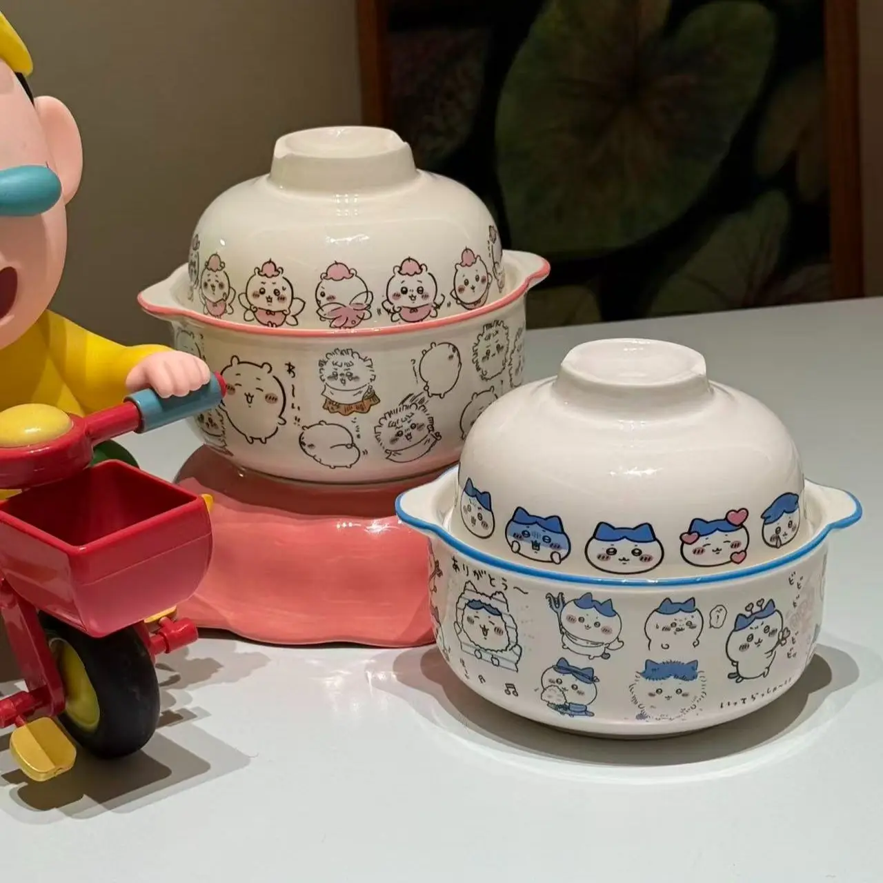High‑aesthetic Chiikawa Instant Noodle Bowl Double Lid Cartoon Ceramic Bowl with Cover Household Student Dorm Gift for Friends