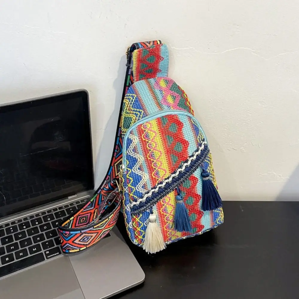 Bolso cruzado colorido de estilo étnico Vintage para mujer, bolso de hombro con borla tejida, bolso de pecho Simple de moda, monedero para niñas