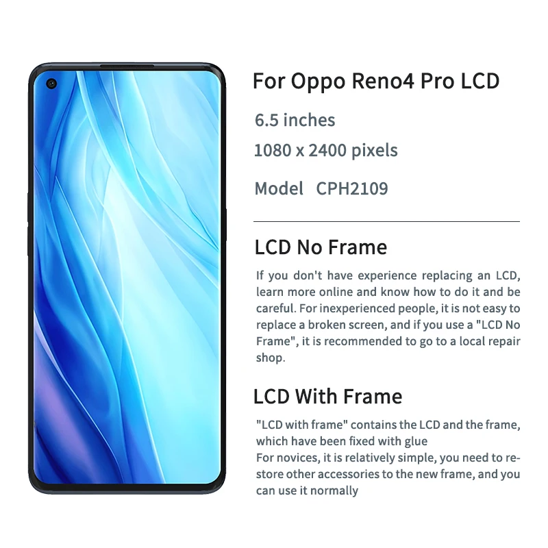 New For Oppo Reno4 Pro LCD CPH2109 AMOLED Display Touch Screen Digitizer Assembly For Oppo Reno4 Pro LCD With Frame