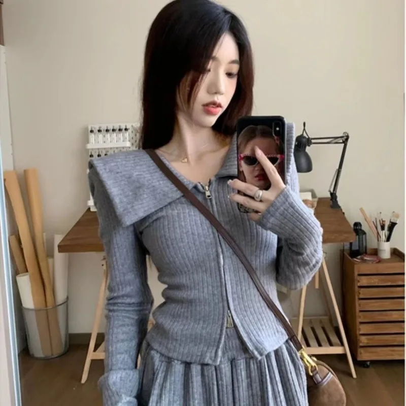 Women Sets Sailor Collar Two-way Zipper Shirt Long-sleeve High Waist Straight Pant Two Pieces Soft Solid Simple Korean-style