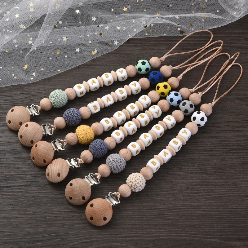 Baby Beech Wood Pacifier Clip Personalized Name Silicone Felt Wood Beads For Baby Teething Dummy Holder Chain Nursing Toy Gift