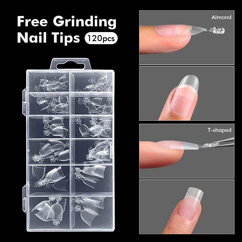 120Pcs Half Cover Soft Gel False Nail Tips Pre-filed Short Almond Coffin Press on Nails For Extention T-shaped Fake Nails Manicu