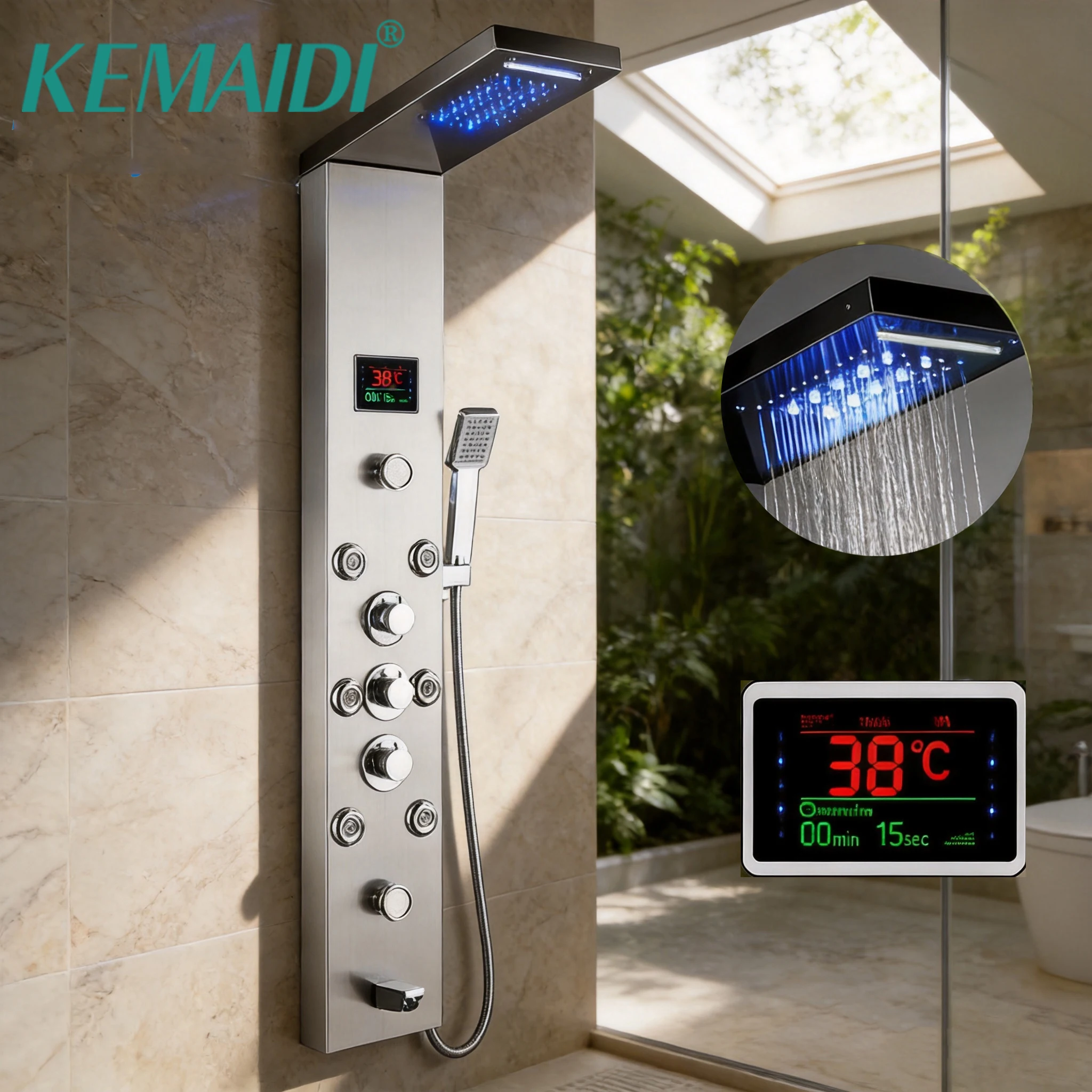 KEMAIDI - Juego de Panel de Ducha LED, Sistema de Ducha de Lluvia para Baño, Columna de Ducha con Masaje, Grifo de Lujo para Exteriores