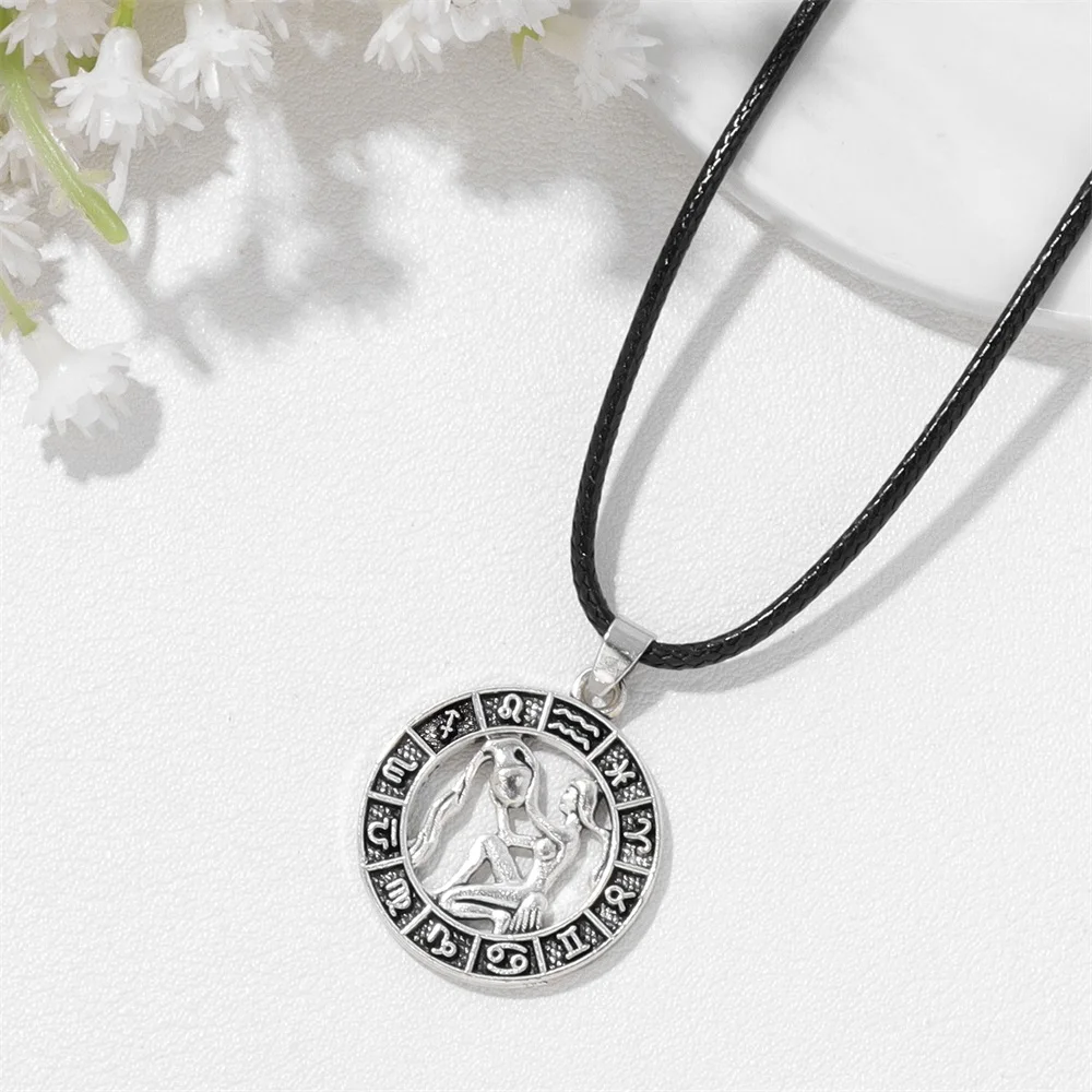 12 Zodiac Sign Pendnat Necklace For Women Men Round Coin Constellation Rope Necklace Female Jewelry Birthday Choker Friend