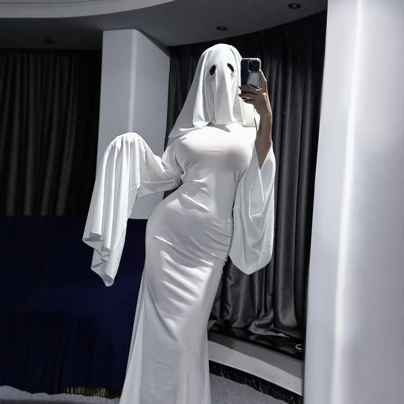 Female Ghost Cosplay Costume Halloween Scare Face Cape Scream Costume Adult Fancy Dress Halloween Cosplay Costume