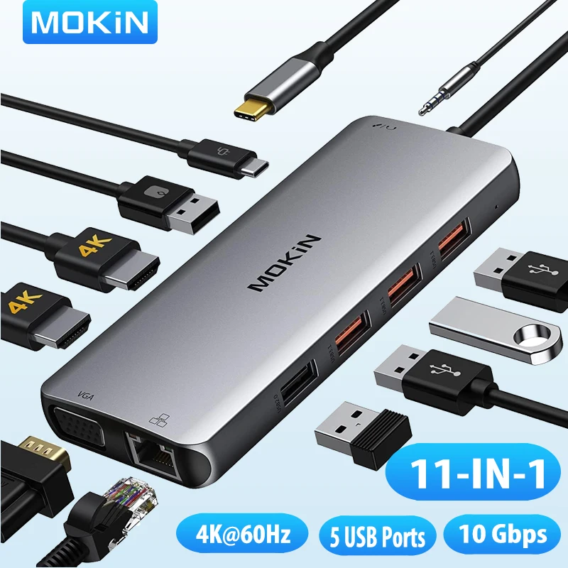 MOKiN USB C Dual Monitor Docking Station to Dual HDMI Adapter with 4K@60hz,SD/TF,RJ45,VGA,USB,Audio,100W PD Dock for MacBook Pro